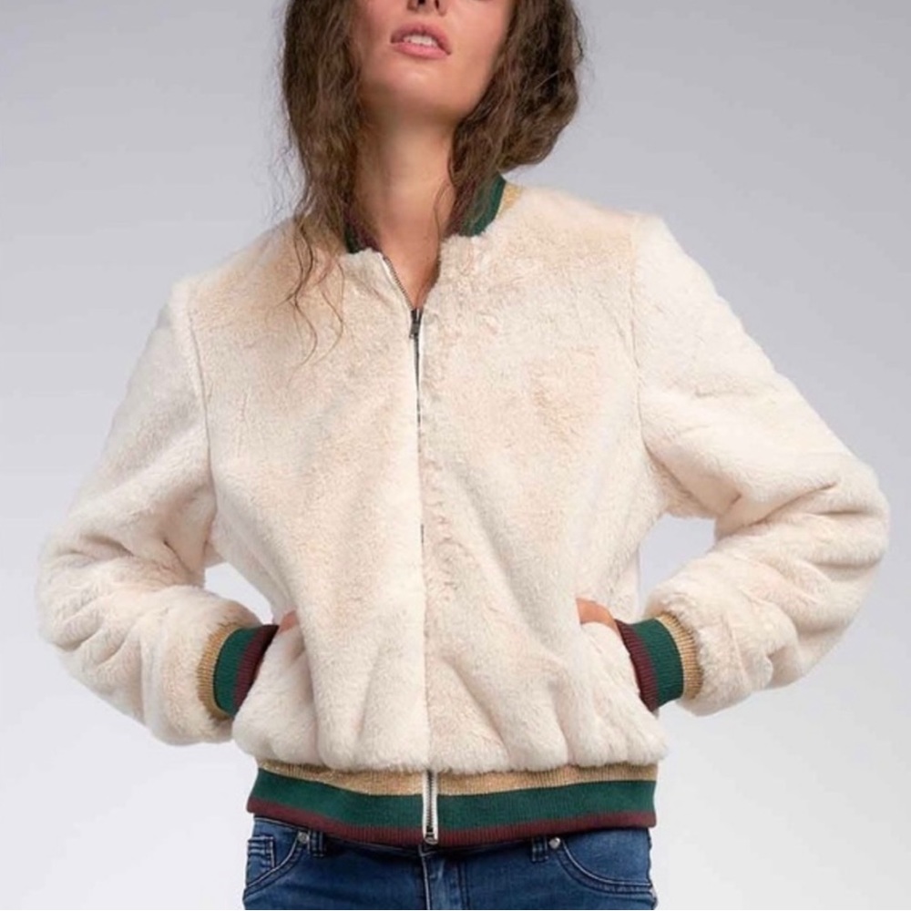 Nordstrom Elan Faux Fur Varsity Bomber Jacket Ivory Size Medium